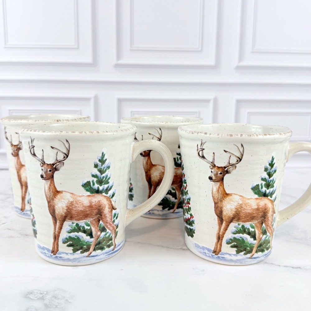 RARE St. Nicholas Square "Winter White" Set of FOUR (4) Deer Wildlife Mugs